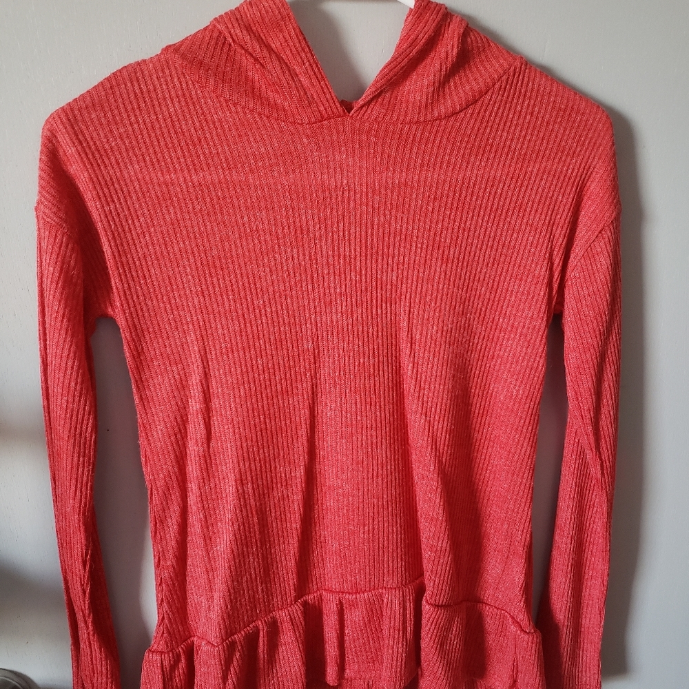 Girl's Long Sleeve Hooded Shirt - Medium - Red-Orange